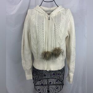 Y2K Tommy Hilfiger cream cable knit zip up jacket with pom poms size M